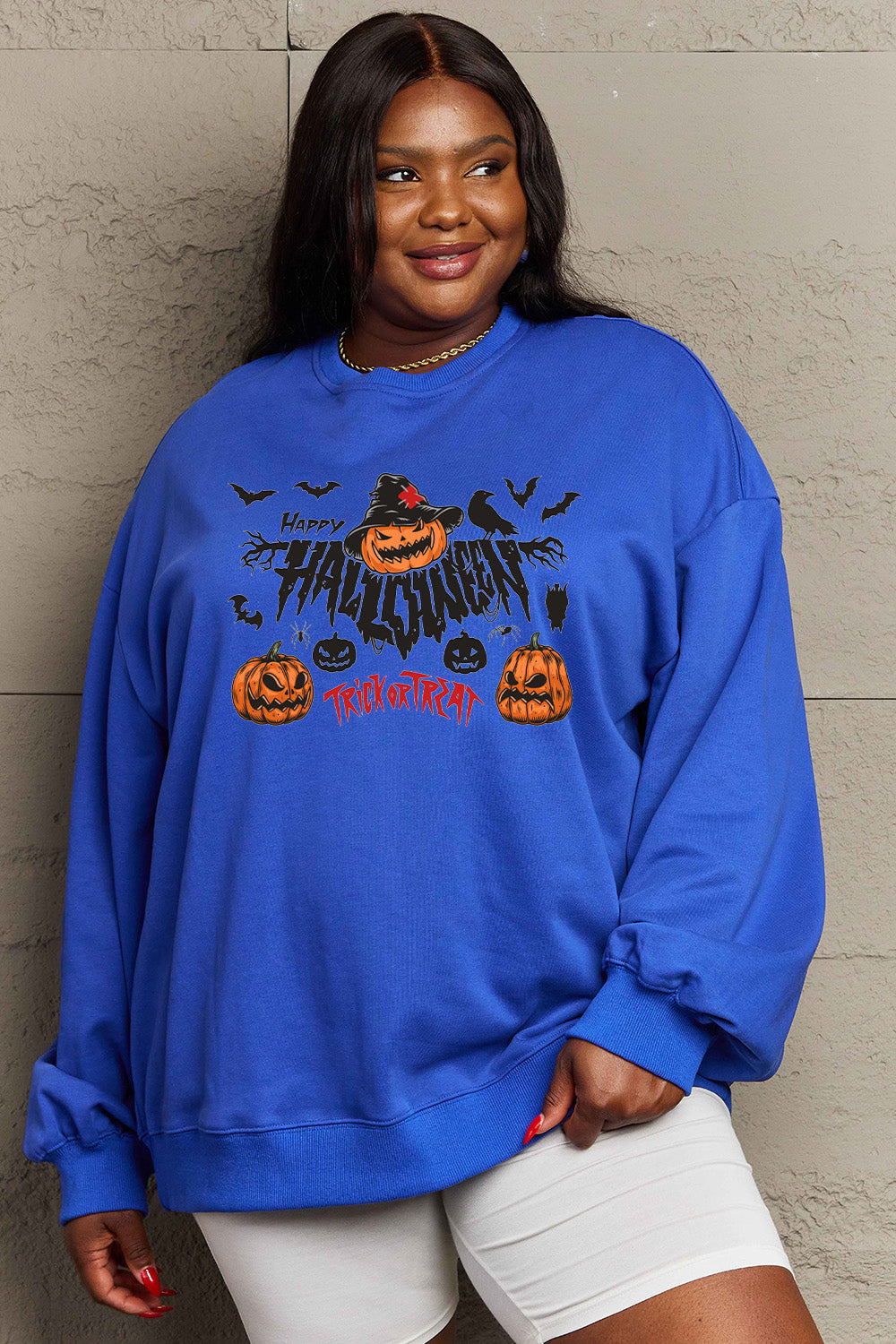 Simply Love Full Size HAPPY HALLOWEEN TRICK OR TREAT Graphic Sweatshirt king-general-store-5710.myshopify.com