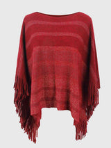 Striped Boat Neck Poncho with Fringes king-general-store-5710.myshopify.com