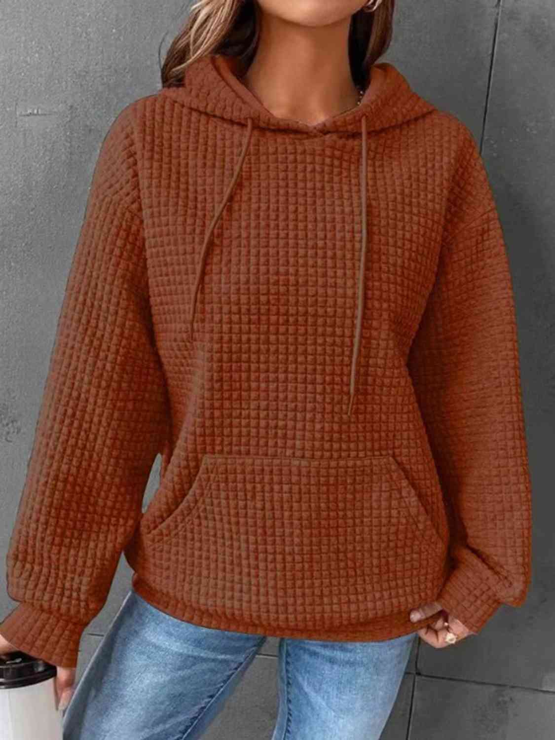 Textured Drawstring Drop Shoulder Hoodie king-general-store-5710.myshopify.com