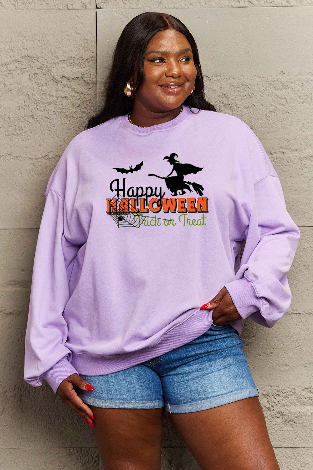 Simply Love Full Size HAPPY HALLOWEEN TRICK OR TREAT Graphic Sweatshirt king-general-store-5710.myshopify.com