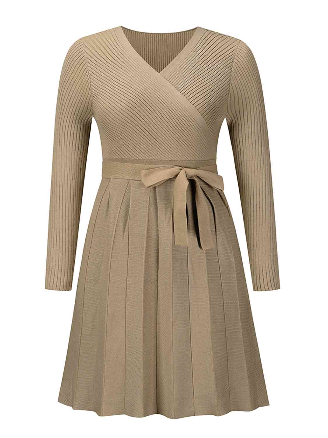 Surplice Neck Tie Front Pleated Sweater Dress king-general-store-5710.myshopify.com