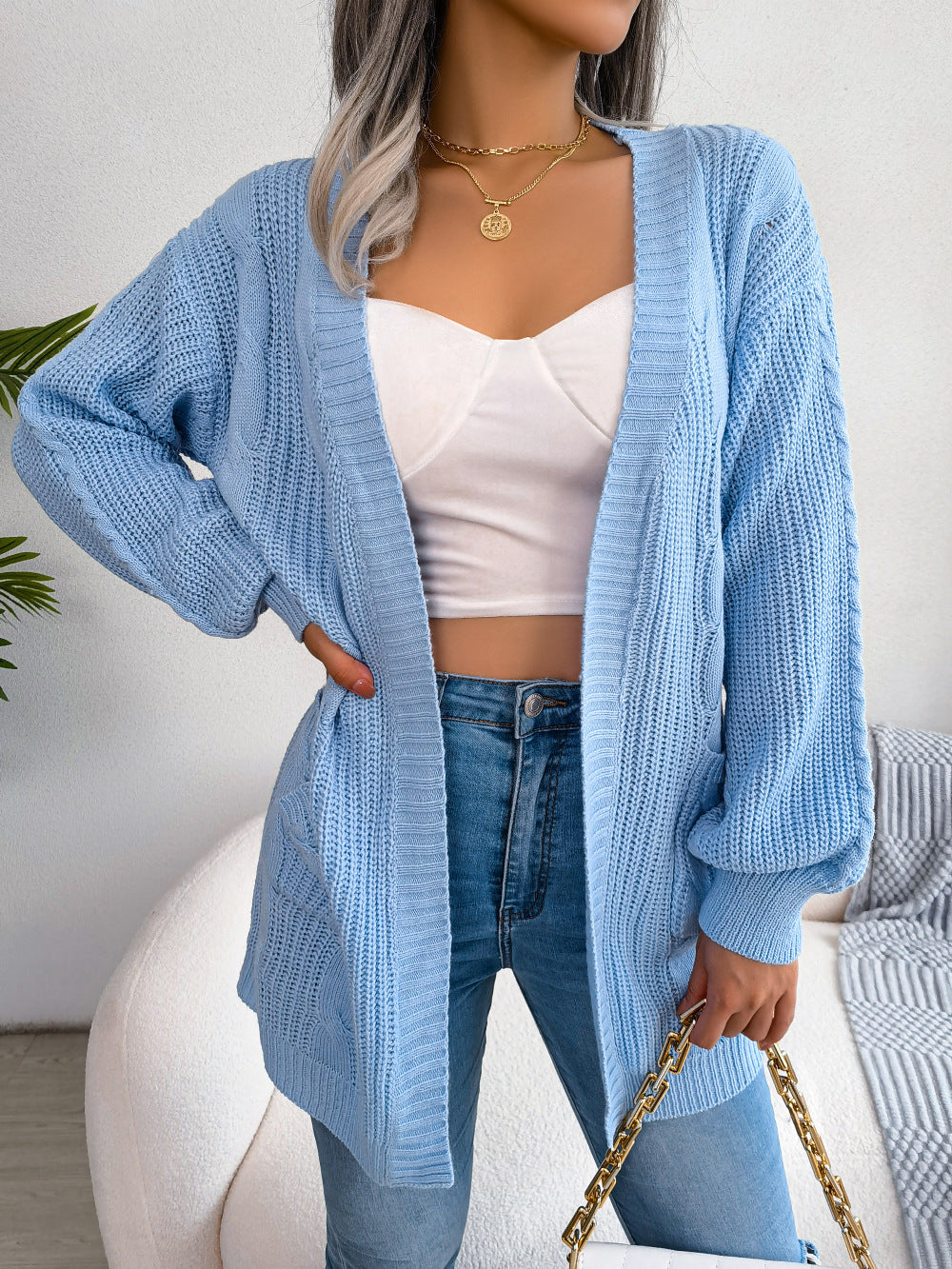 Cable-Knit Open Front Pocketed Cardigan king-general-store-5710.myshopify.com