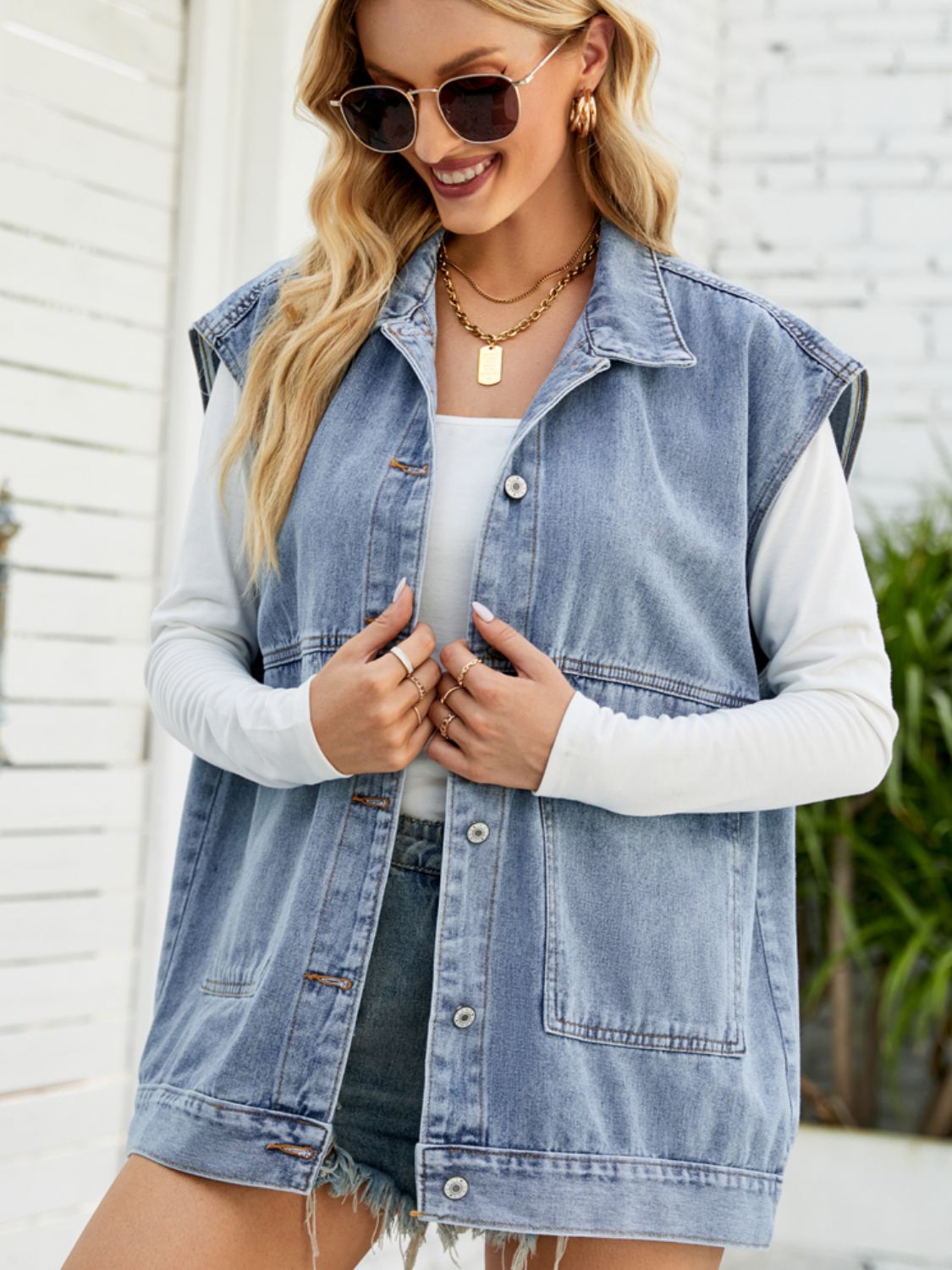 Collared Neck Sleeveless Denim Top with Pockets king-general-store-5710.myshopify.com