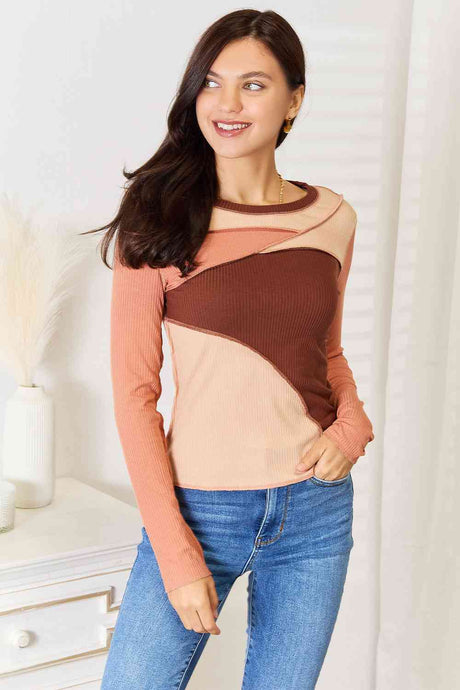 Double Take Color Block Exposed Seam Long Sleeve Top king-general-store-5710.myshopify.com