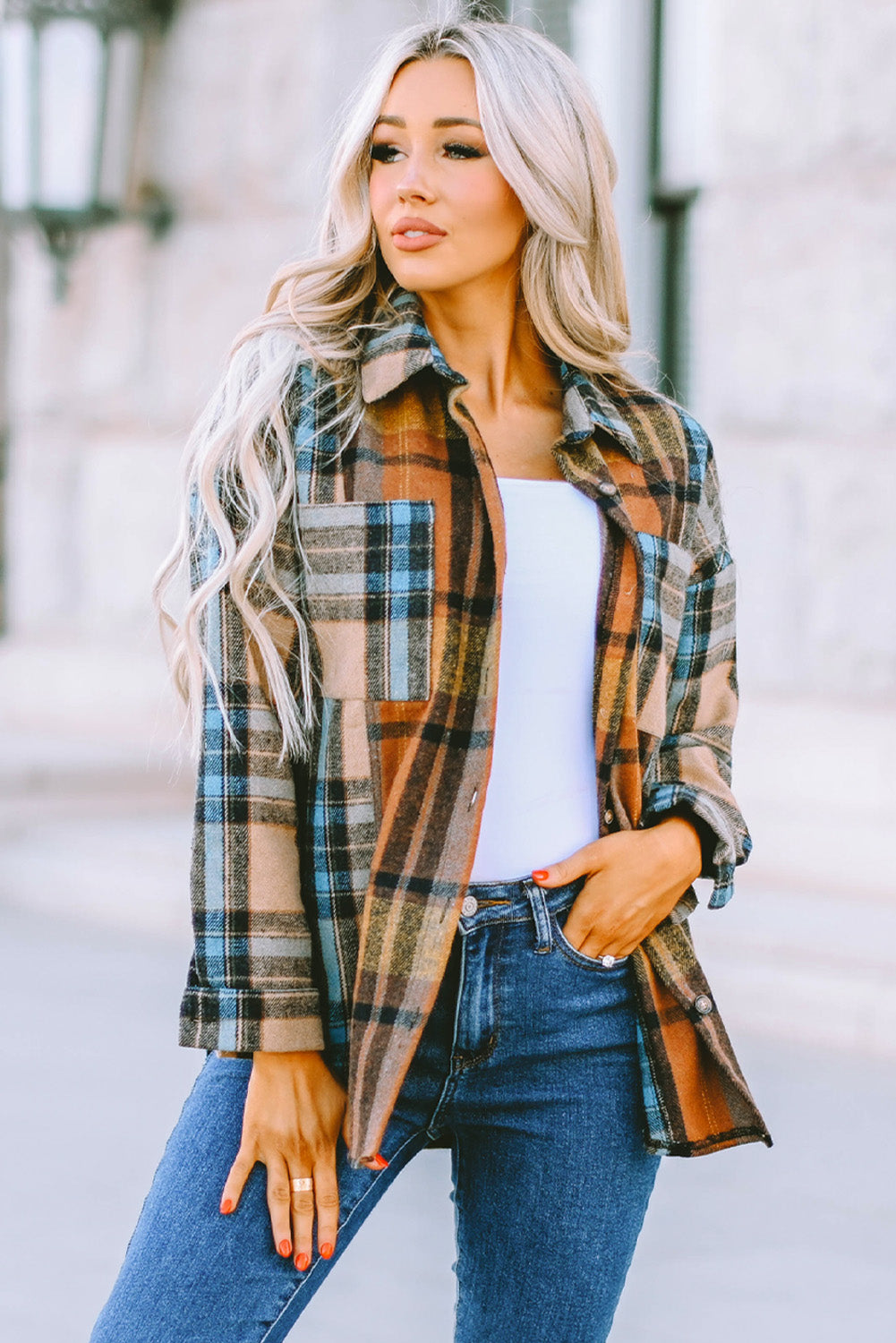 Plaid Curved Hem Shirt Jacket with Breast Pockets king-general-store-5710.myshopify.com