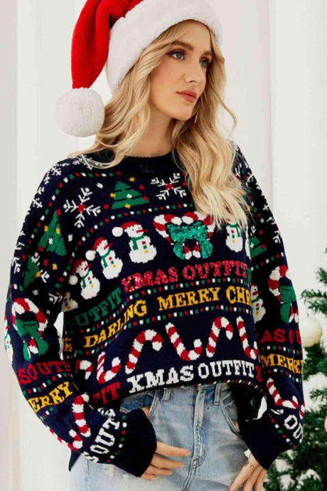 Christmas Print Crewneck Dropped Shoulder Sweater king-general-store-5710.myshopify.com