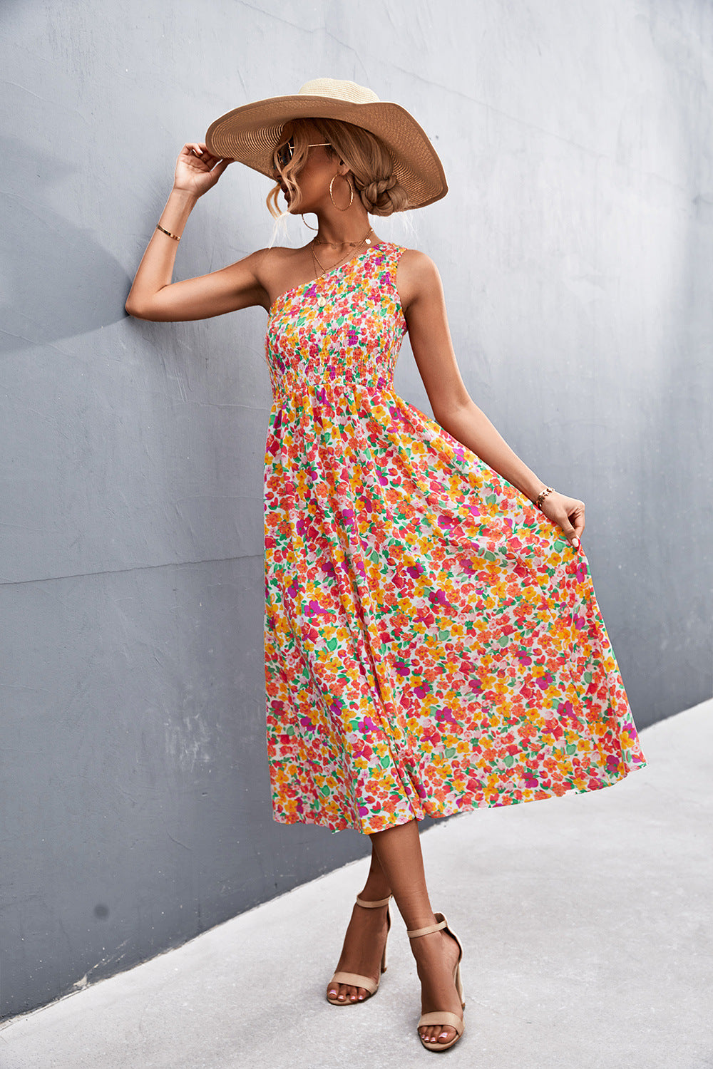 Floral Smocked One-Shoulder Midi Dress king-general-store-5710.myshopify.com