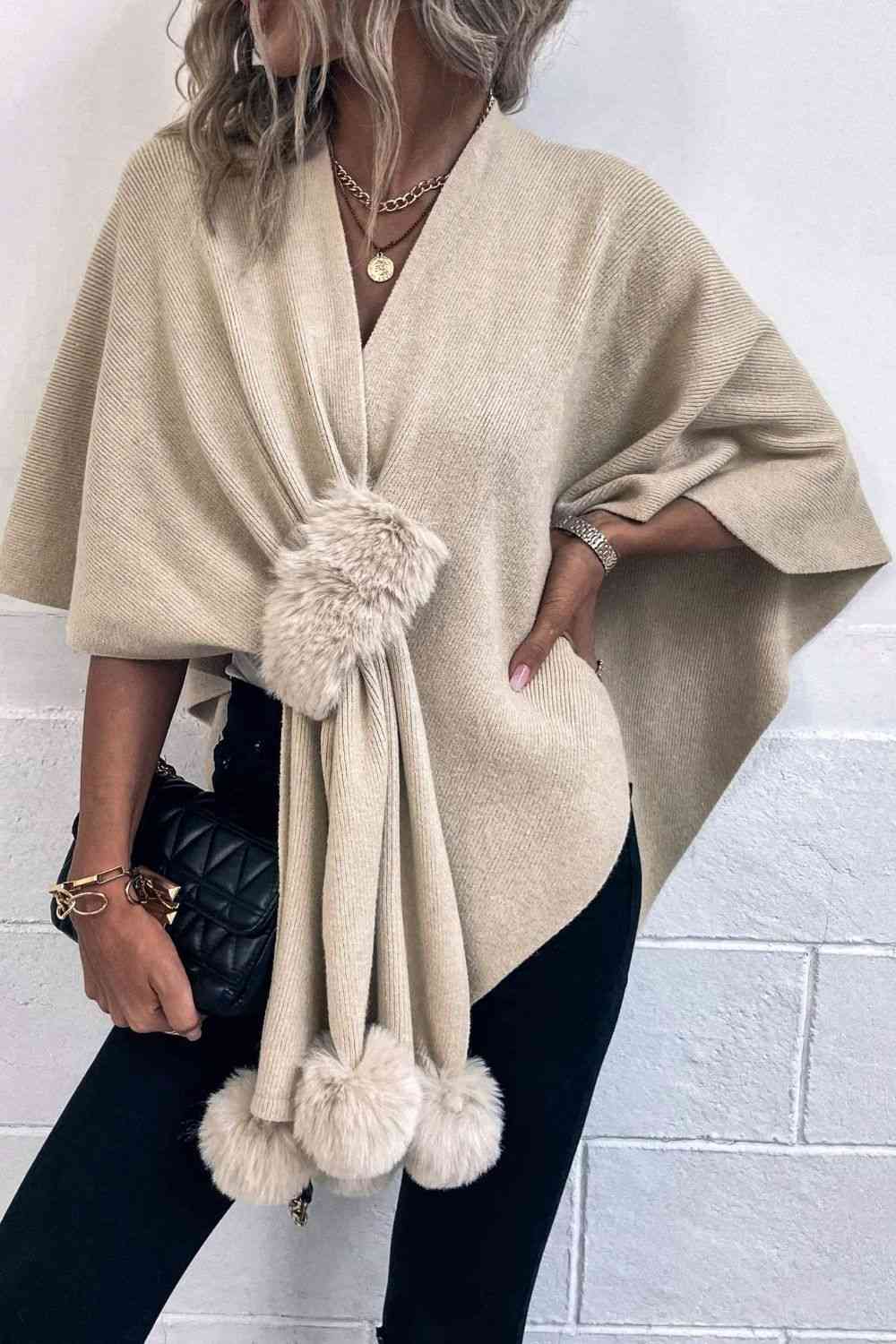 Surplice Neck Pom-Pom Trim Poncho king-general-store-5710.myshopify.com