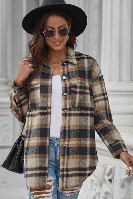 Plaid Curved Hem Dropped Shoulder Longline Shirt Jacket king-general-store-5710.myshopify.com