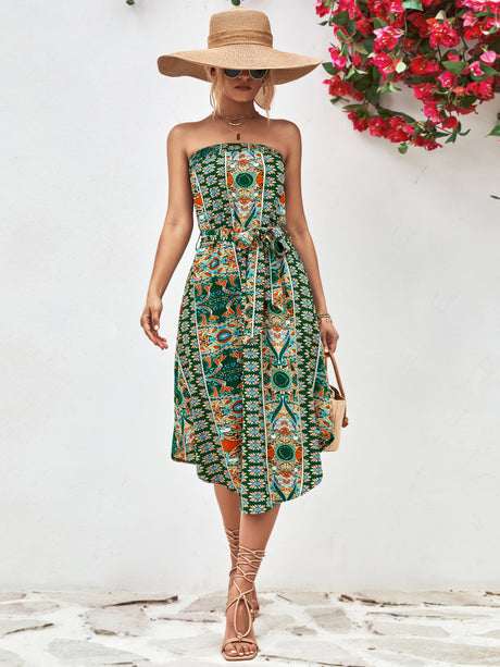 Printed Strapless Tie Belt Dress king-general-store-5710.myshopify.com