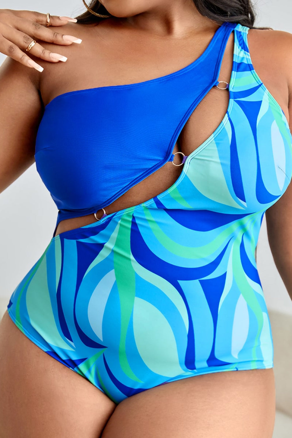 Plus Size Printed Ring Detail One-Shoulder One-Piece Swimsuit king-general-store-5710.myshopify.com