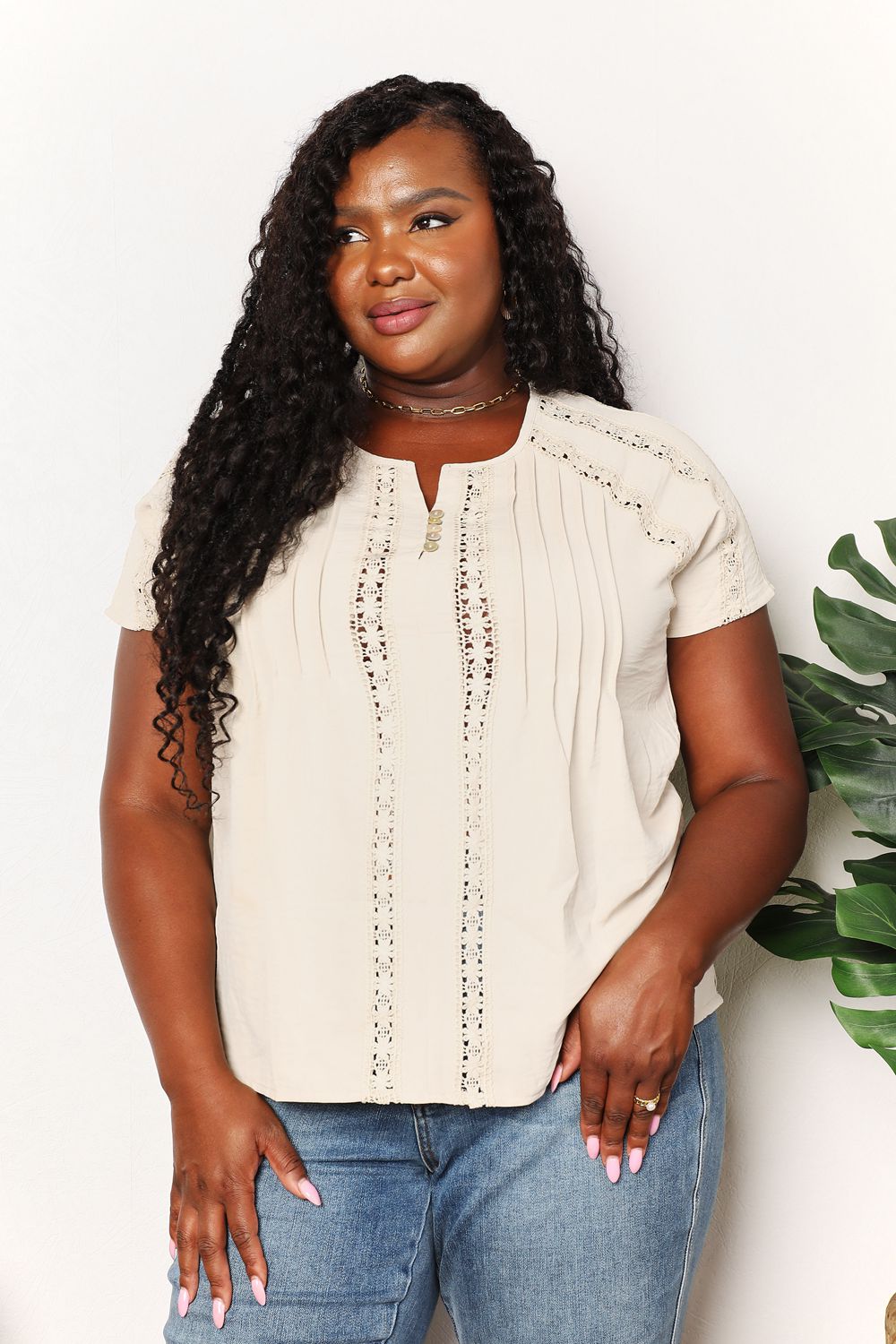 Double Take Crochet Buttoned Short Sleeves Top king-general-store-5710.myshopify.com