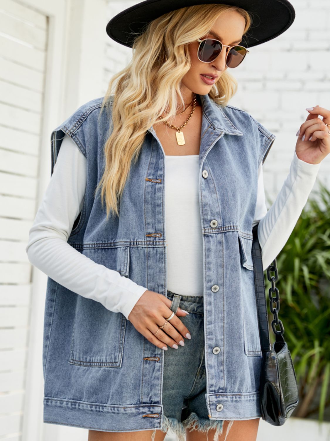 Collared Neck Sleeveless Denim Top with Pockets king-general-store-5710.myshopify.com