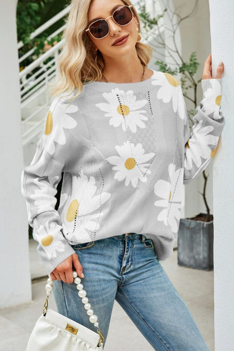 Daisy Print Openwork Round Neck Sweater king-general-store-5710.myshopify.com