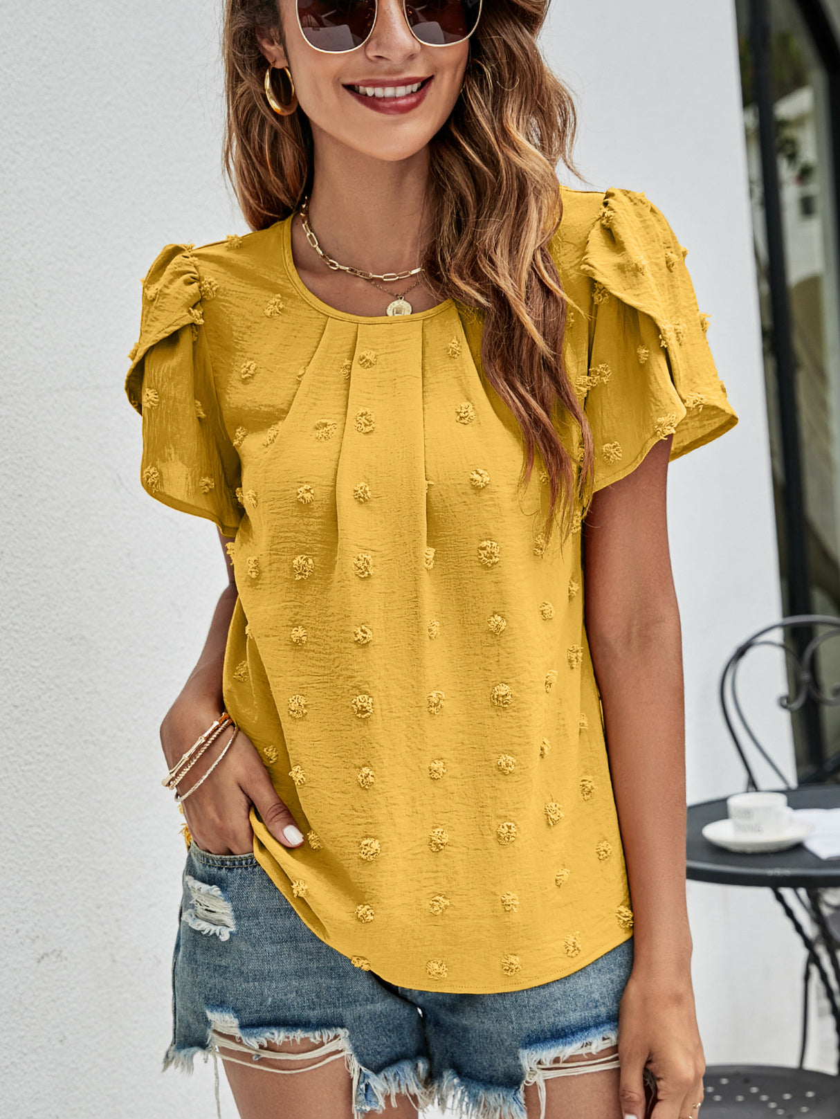 Swiss Dot Round Neck Petal Sleeve Top king-general-store-5710.myshopify.com