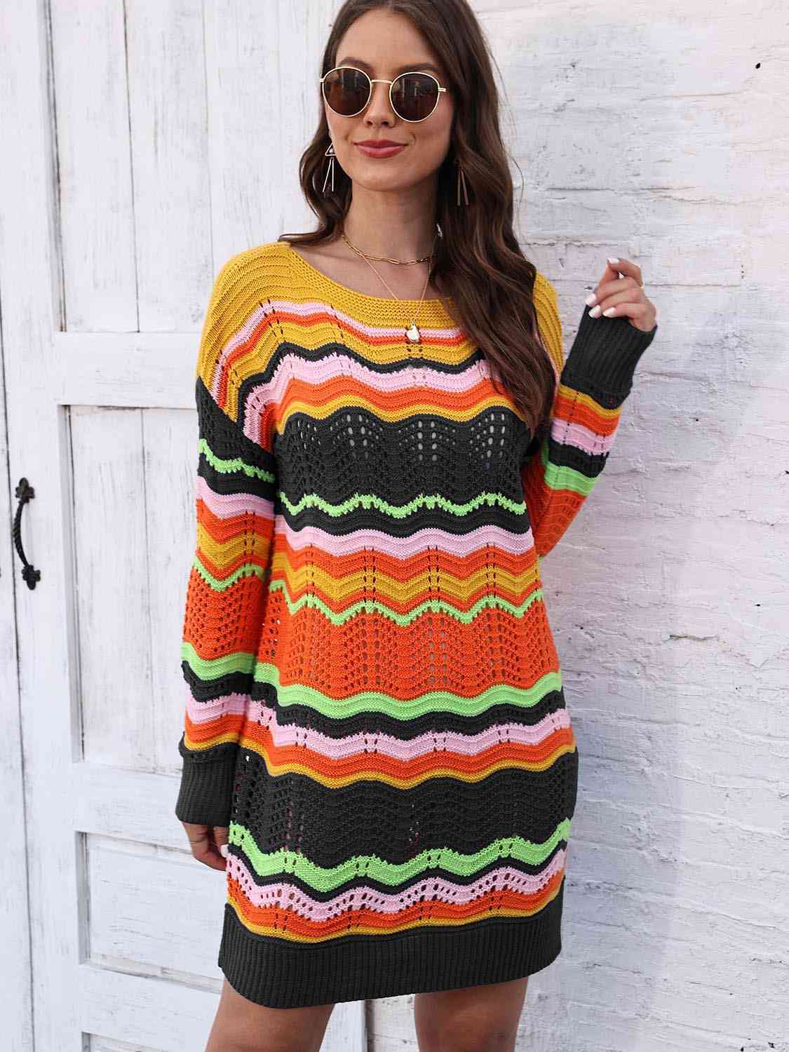 Openwork Round Neck Sweater Dress king-general-store-5710.myshopify.com