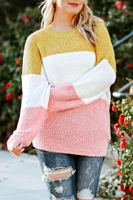 Plus Size Color Block Round Neck Sweater king-general-store-5710.myshopify.com