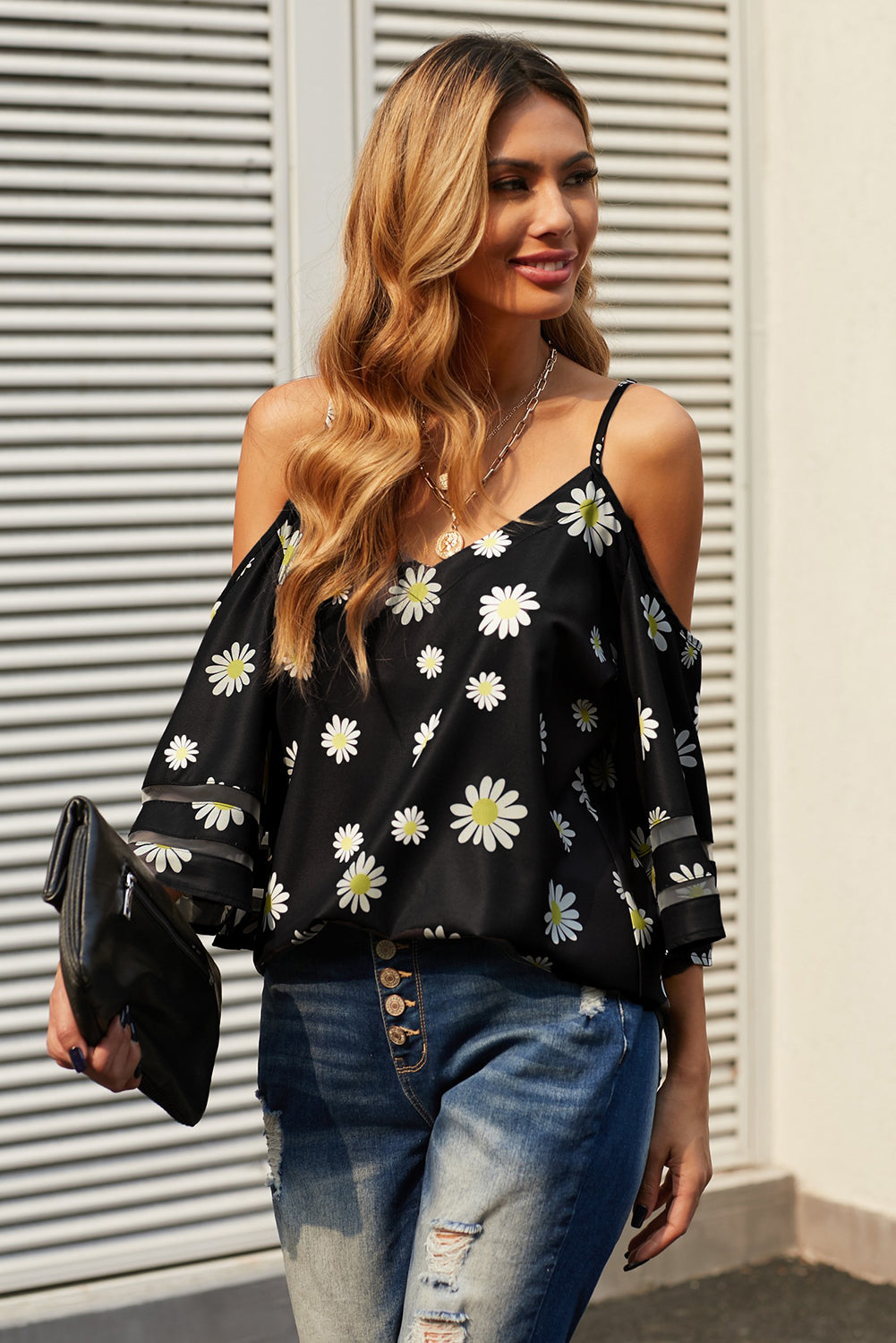 Printed Cold-Shoulder Three-Quarter Flare Sleeve Blouse king-general-store-5710.myshopify.com