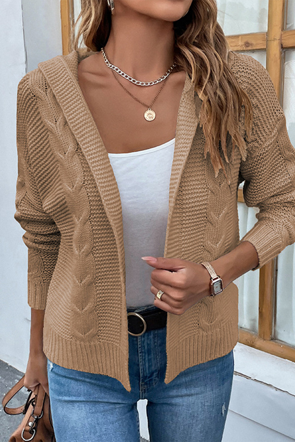 Cable-Knit Dropped Shoulder Hooded Cardigan king-general-store-5710.myshopify.com