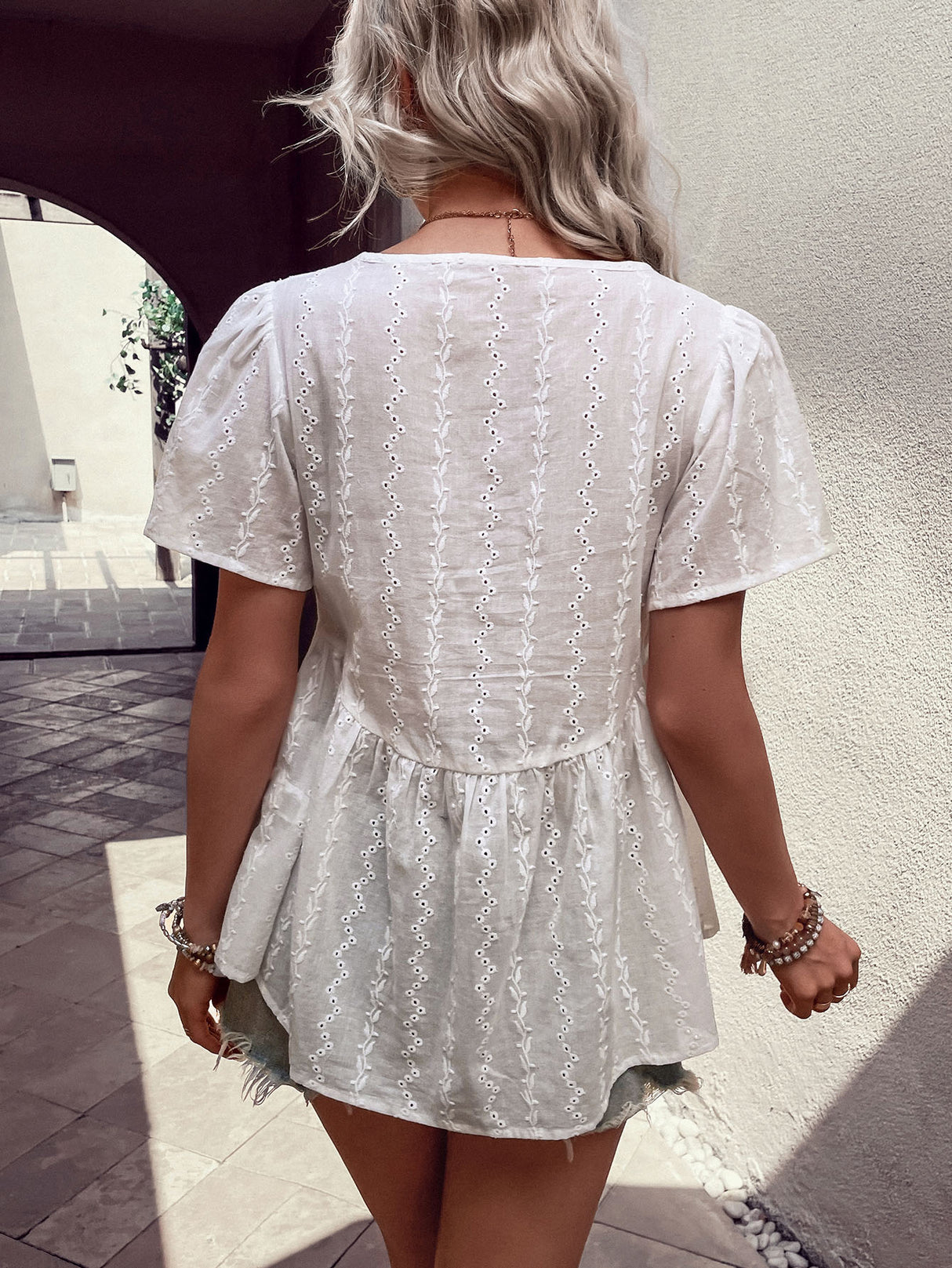 Tied Decorative Buttons Short Puff Sleeve Blouse king-general-store-5710.myshopify.com