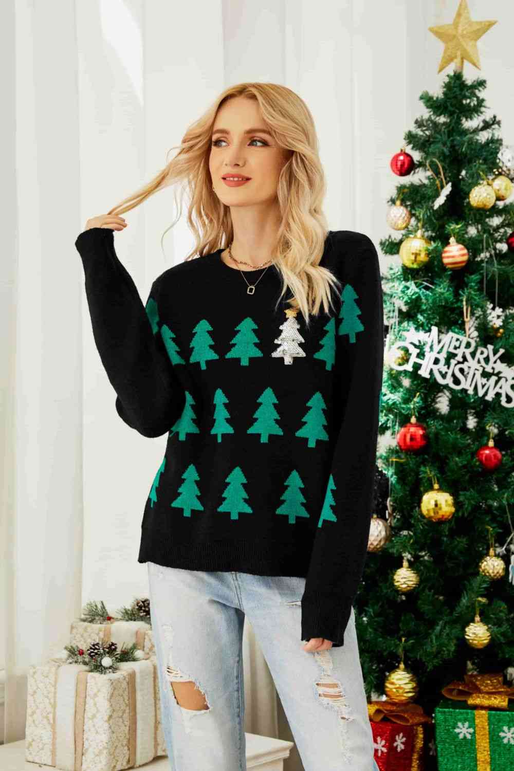 Christmas Tree Round Neck Ribbed Trim Sweater king-general-store-5710.myshopify.com