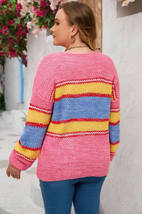 Plus Size Color Block Round Neck Long Sleeve Sweater king-general-store-5710.myshopify.com