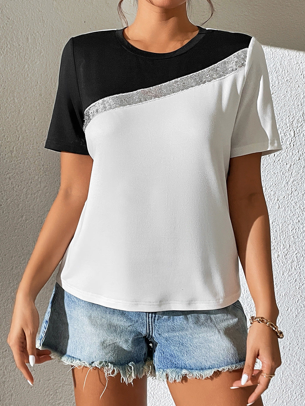 Contrast Color Round Neck Short Sleeve Tee king-general-store-5710.myshopify.com