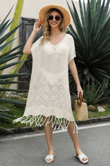 V-Neck Short Sleeve Fringe Hem Knit Dress king-general-store-5710.myshopify.com