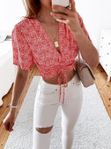 Floral Drawstring Deep V Cropped Blouse king-general-store-5710.myshopify.com