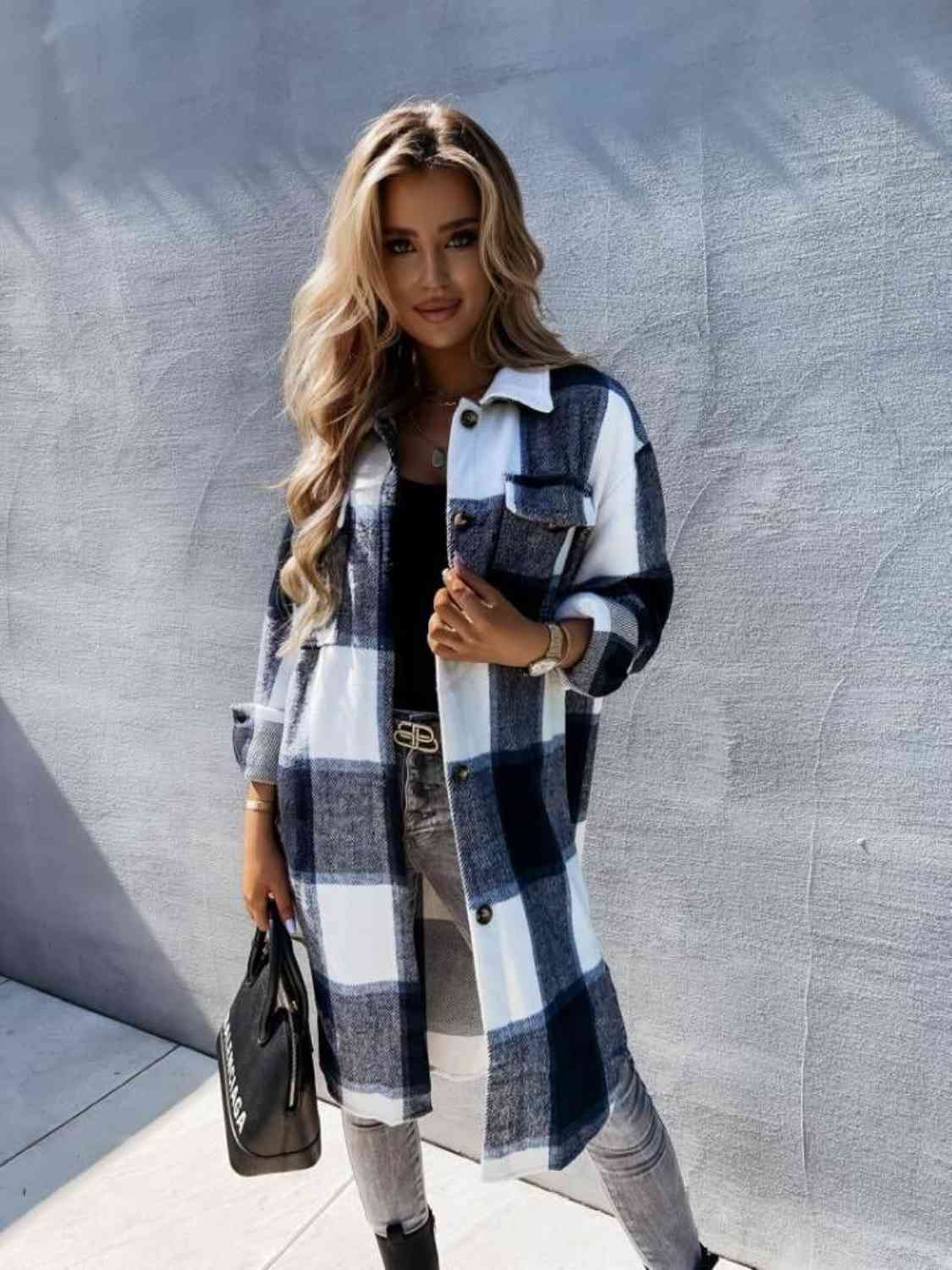 Plaid Collared Neck Longline Shirt king-general-store-5710.myshopify.com