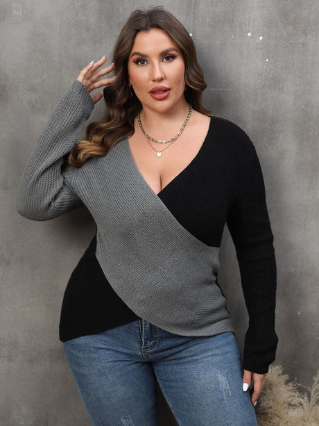 Plus Size Two-Tone Surplice Neck Sweater king-general-store-5710.myshopify.com