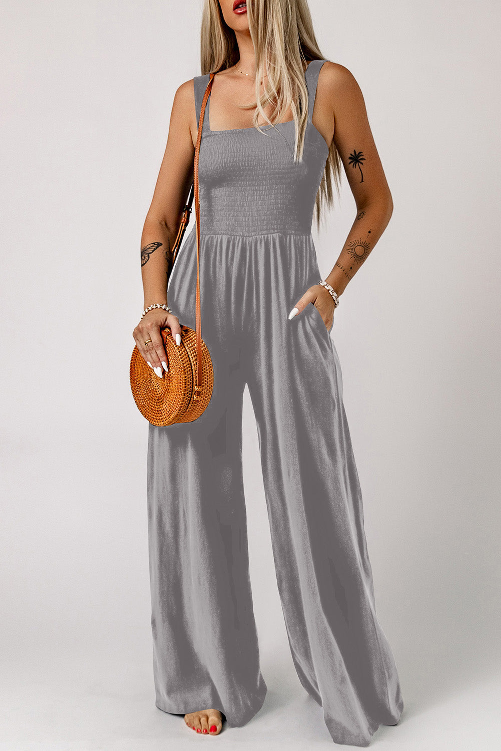 Smocked Square Neck Wide Leg Jumpsuit with Pockets king-general-store-5710.myshopify.com