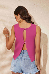 Buttoned Cutout Ribbed Trim Knit Tank king-general-store-5710.myshopify.com