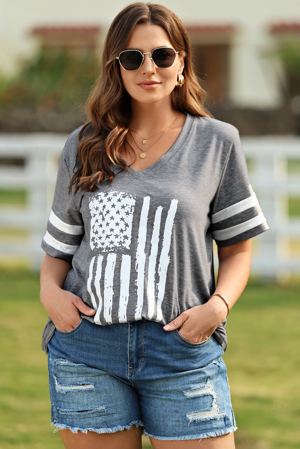 Plus Size US Flag Graphic V-Neck Tee king-general-store-5710.myshopify.com