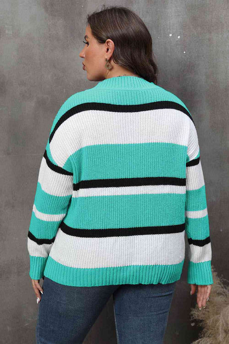Plus Size Striped V-Neck Dropped Shoulder Sweater king-general-store-5710.myshopify.com