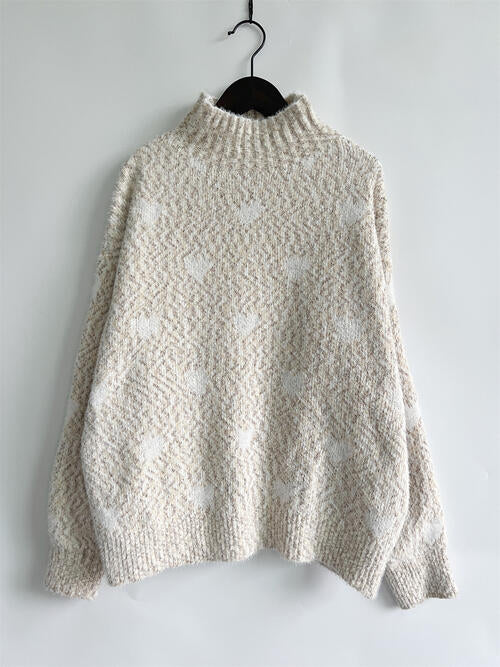 Heart Heathered Turtleneck Drop Shoulder Sweater king-general-store-5710.myshopify.com