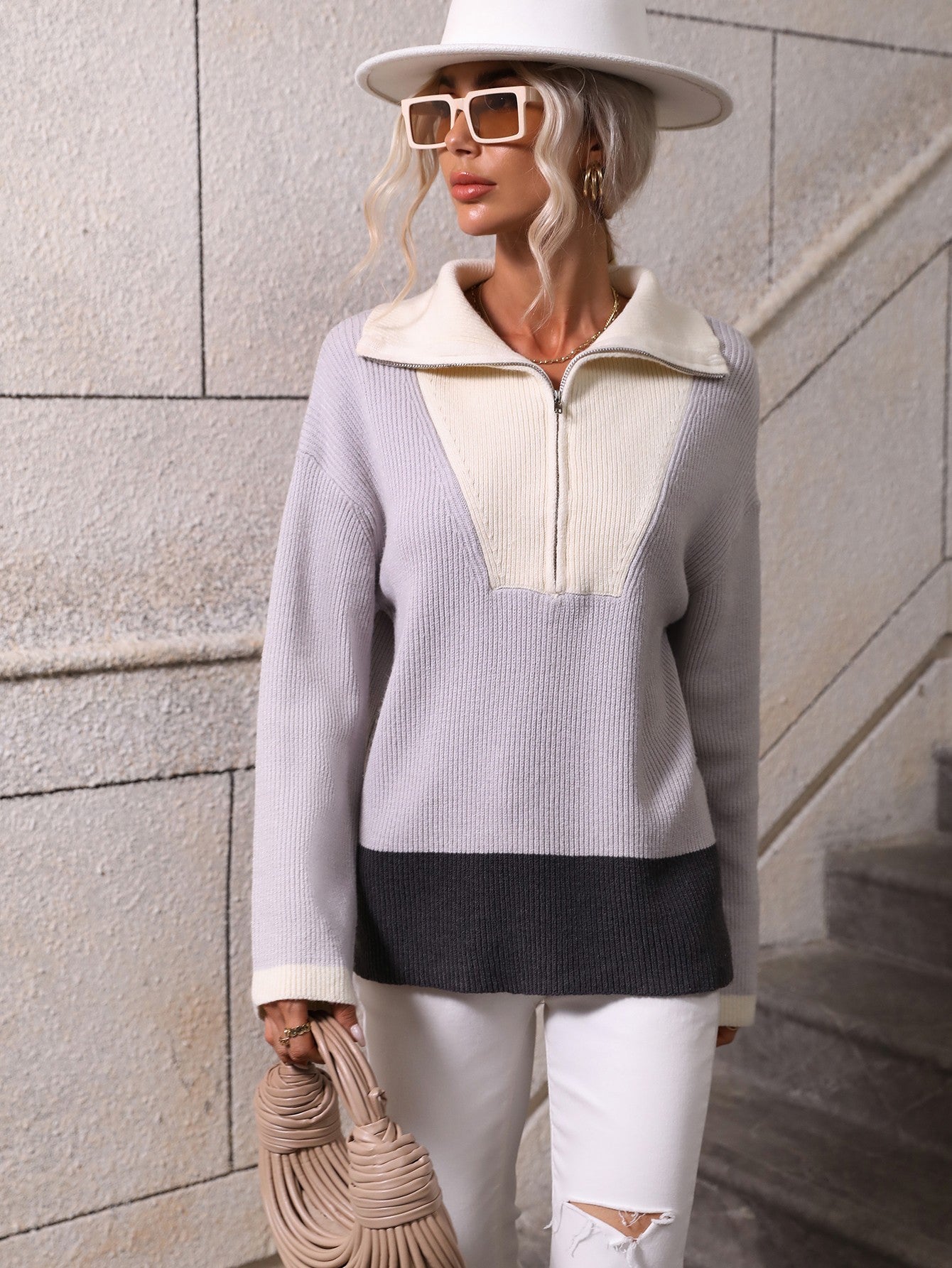 Double Take Color Block Half-Zip Dropped Shoulder Knit Pullover king-general-store-5710.myshopify.com