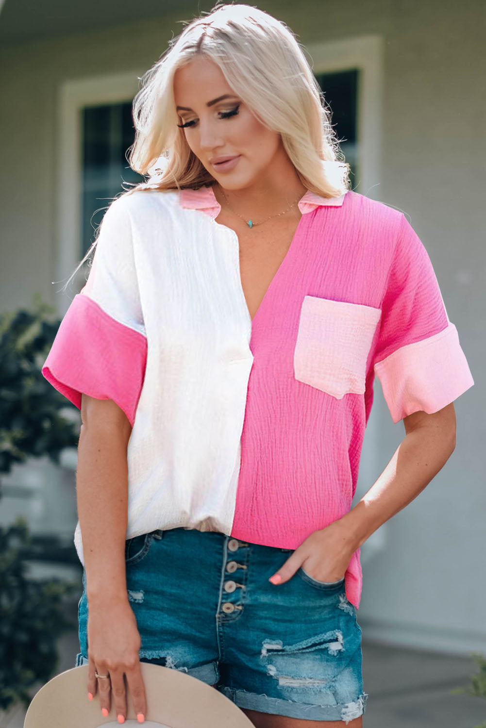 Color Block Textured Johnny Collar Blouse king-general-store-5710.myshopify.com