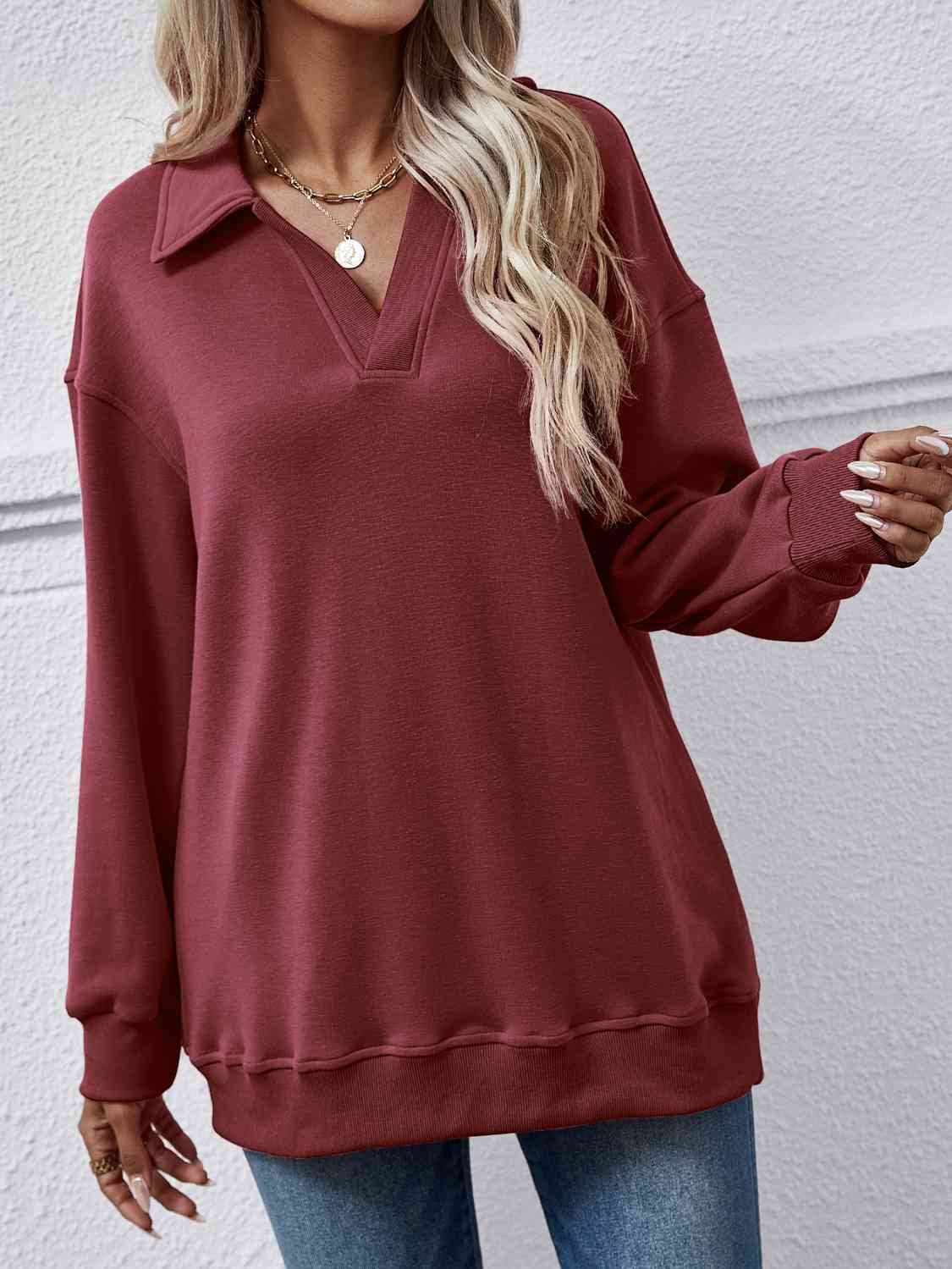 Collared Neck Dropped Shoulder Sweatshirt king-general-store-5710.myshopify.com