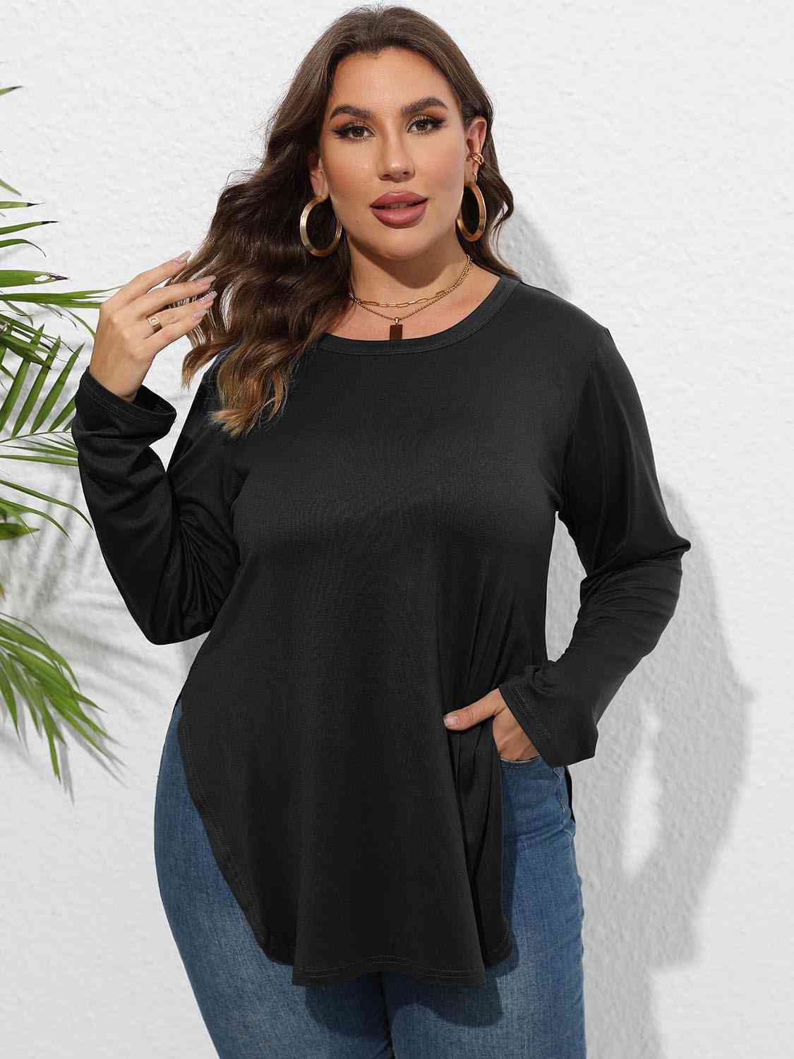 Plus Size Round Neck Long Sleeve Slit T-Shirt king-general-store-5710.myshopify.com