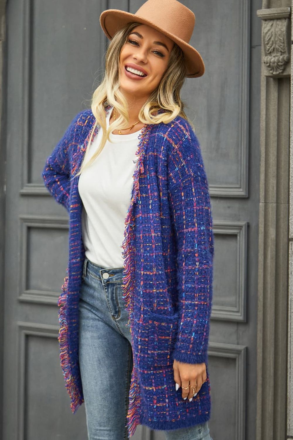 Plaid Fringe Trim Open Front Longline Cardigan king-general-store-5710.myshopify.com