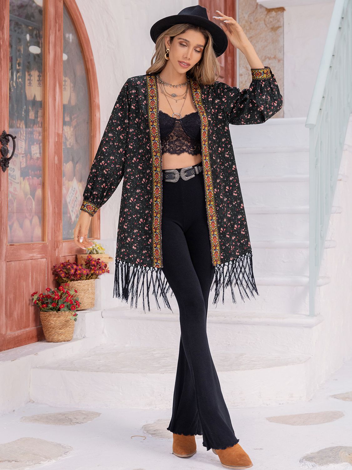 Printed Fringe Detail Cardigan king-general-store-5710.myshopify.com