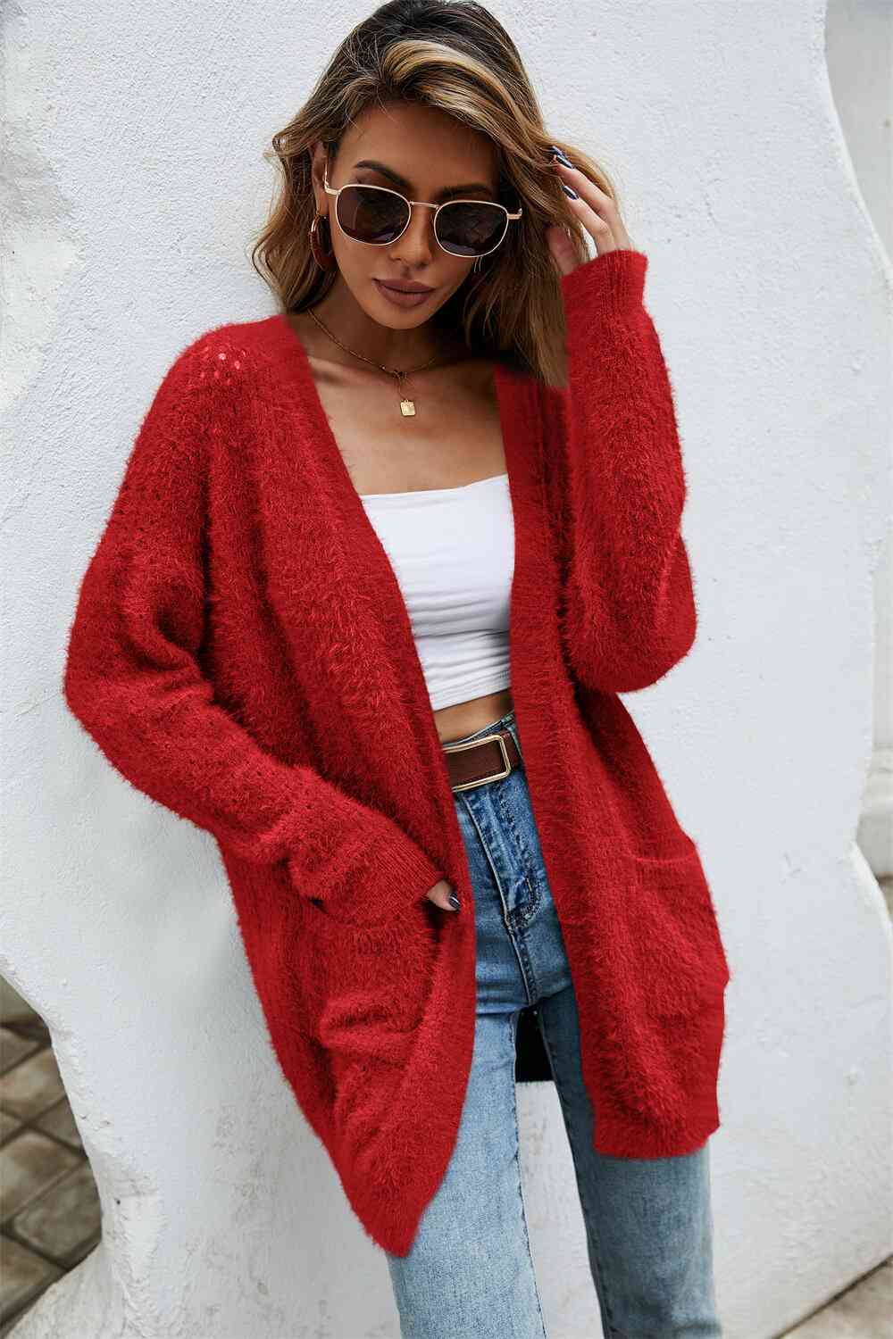 Open Front Openwork Fuzzy Cardigan with Pockets king-general-store-5710.myshopify.com