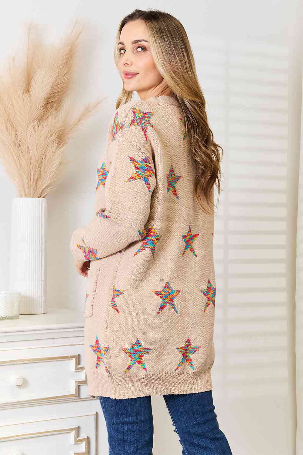 Double Take Star Pattern Open Front Longline Cardigan king-general-store-5710.myshopify.com