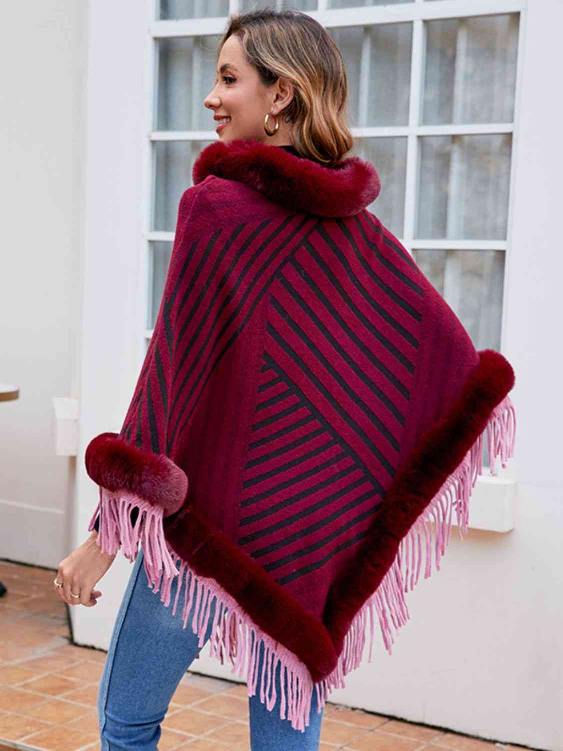 Striped Fringe Hem Poncho king-general-store-5710.myshopify.com