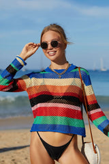 Rainbow Stripe Openwork Long Sleeve Cover-Up king-general-store-5710.myshopify.com