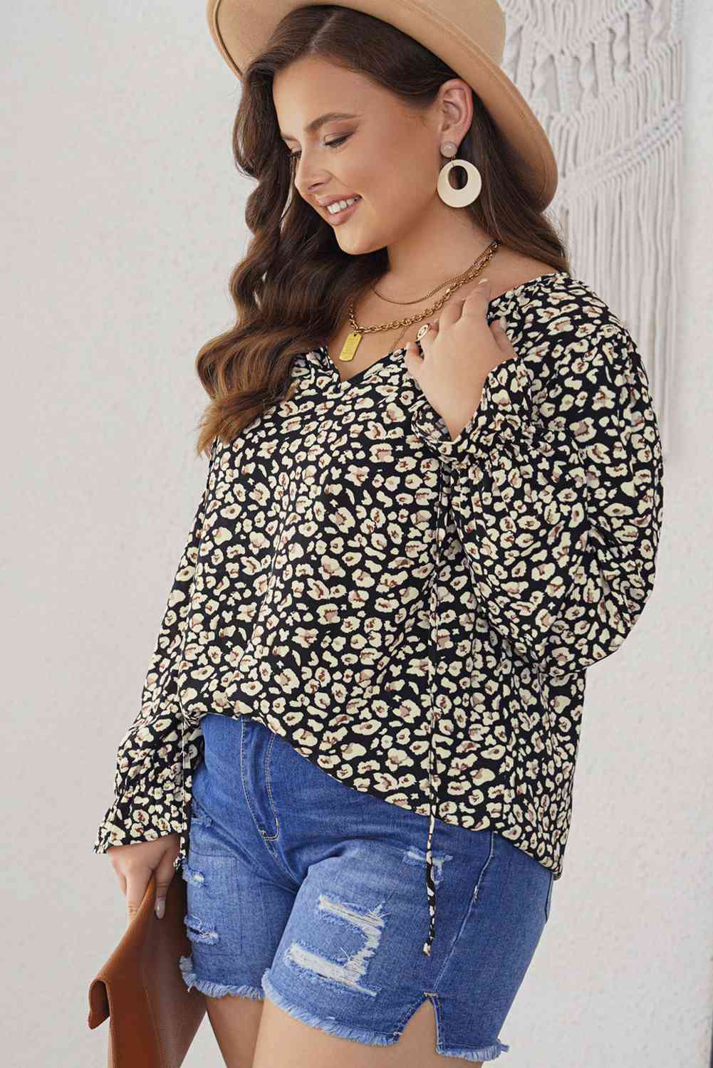 Plus Size Floral Flounce Sleeve Tie-Neck Blouse king-general-store-5710.myshopify.com