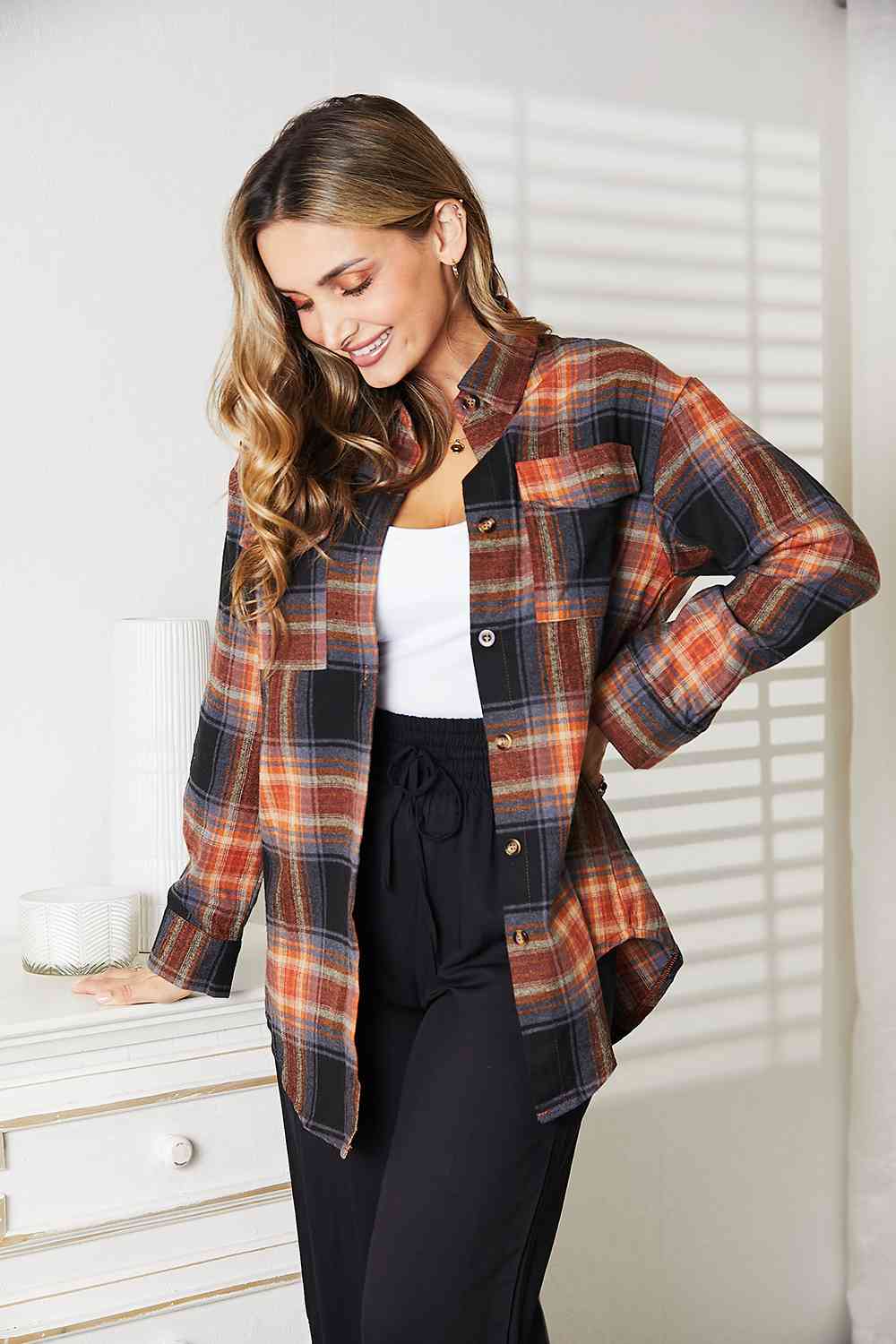 Double Take Plaid Dropped Shoulder Shirt king-general-store-5710.myshopify.com