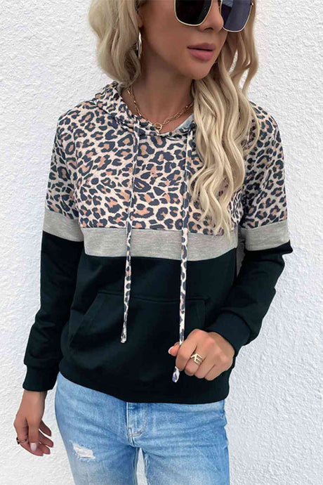 Leopard Color Block Long Sleeve Drawstring Hoodie king-general-store-5710.myshopify.com