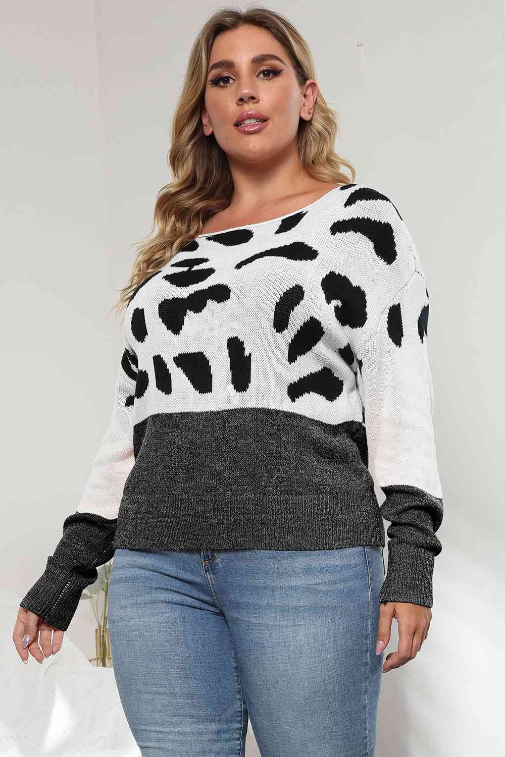 Plus Size Leopard Round Neck Long Sleeve Sweater king-general-store-5710.myshopify.com